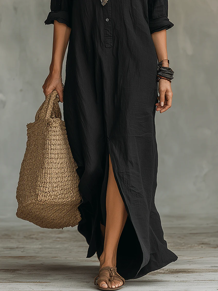Soline™ | Maxi vestido negro con botones