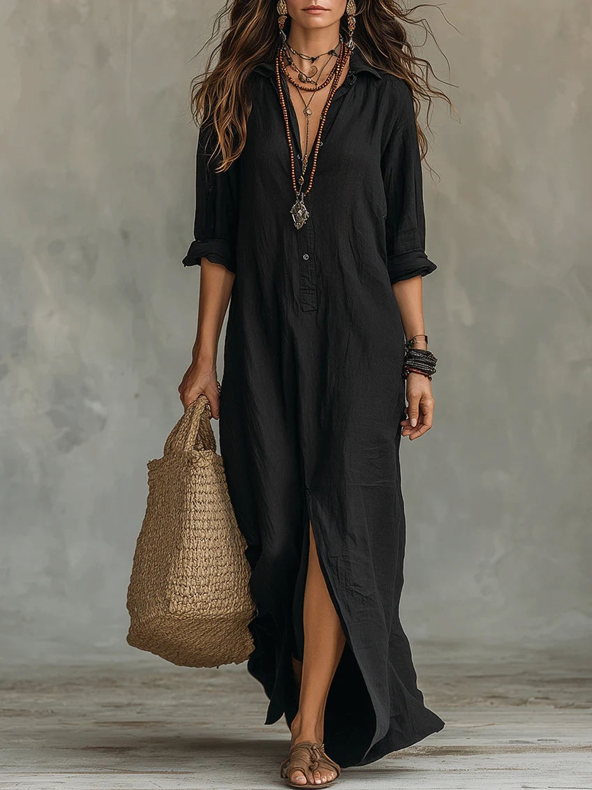 Soline™ | Maxi vestido negro con botones