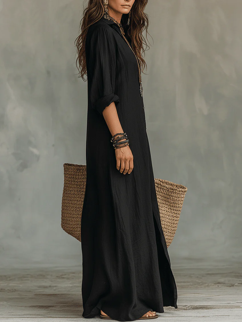 Vestido maxi negro con botones | Soline™