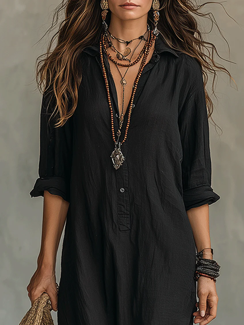 Vestido maxi negro con botones | Soline™