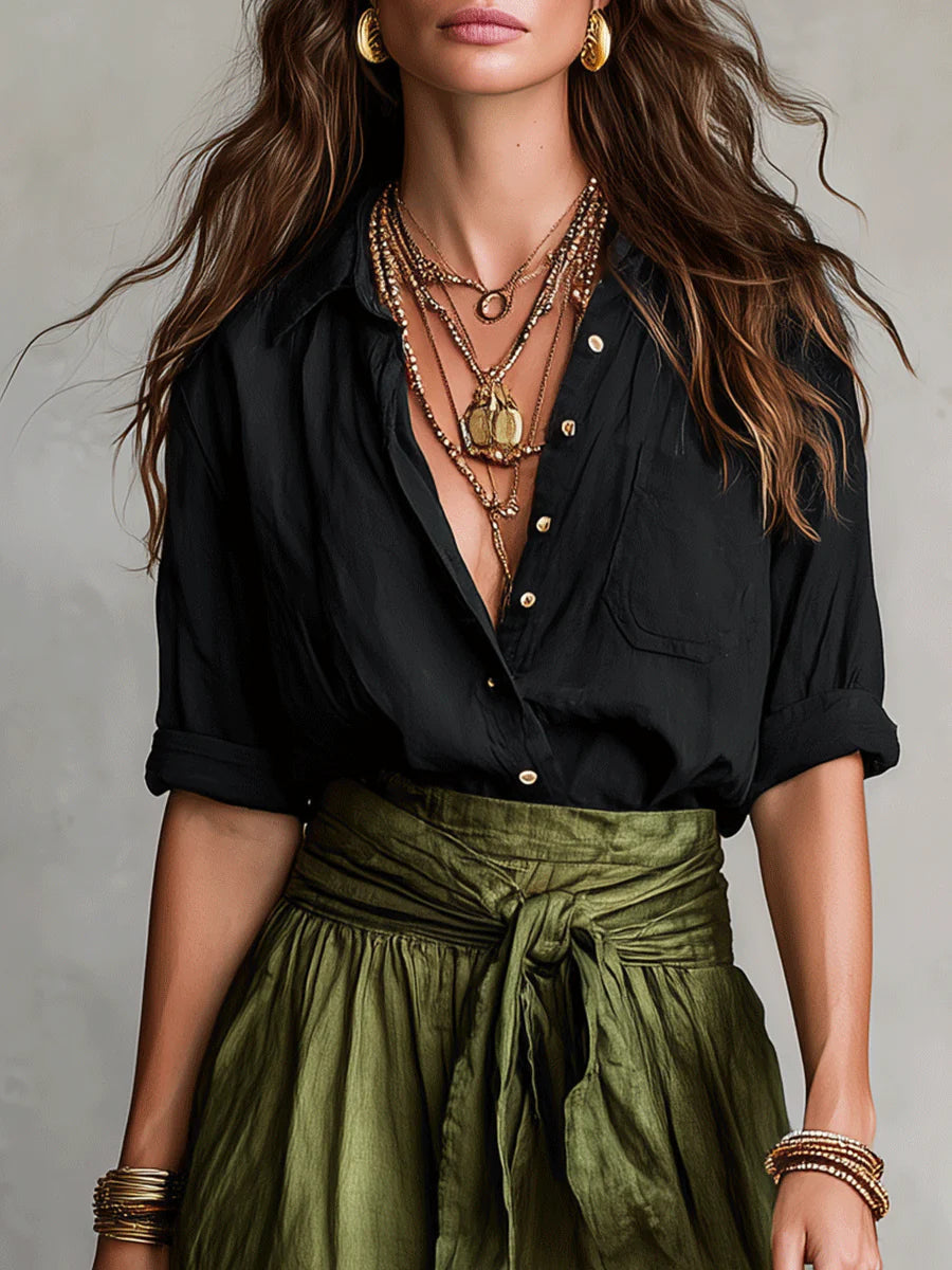 RÍO | Conjunto de Dos Piezas: Top Negro y Falda Midi Verde Oliva
