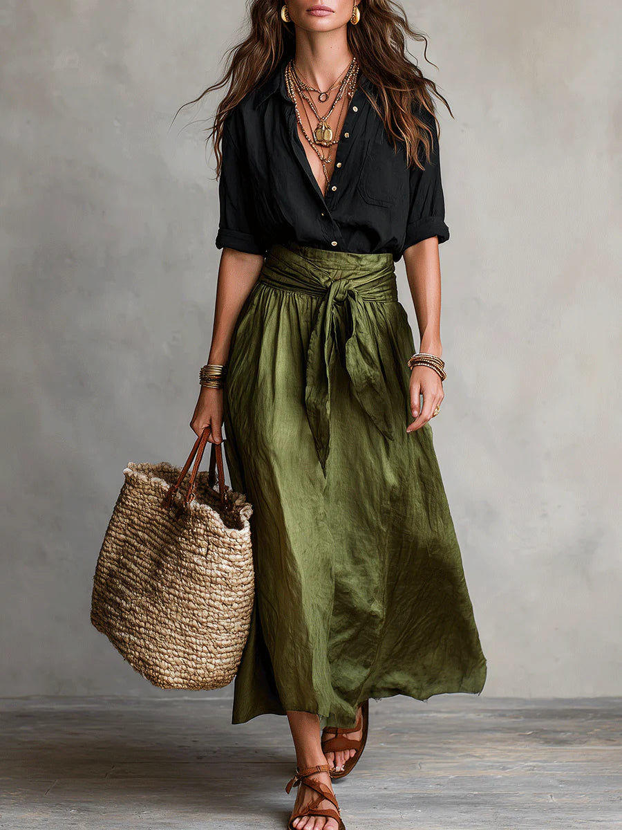 RÍO | Conjunto de Dos Piezas: Top Negro y Falda Midi Verde Oliva