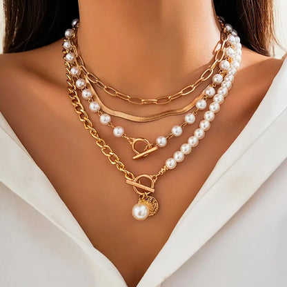 Conjunto de collar vintage con perla y cadena de eslabones de serpiente | Oro
