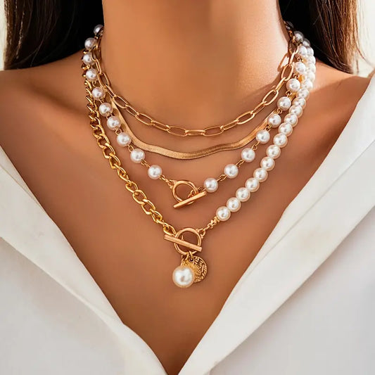 Conjunto de collar vintage con perla y cadena de eslabones de serpiente | Oro