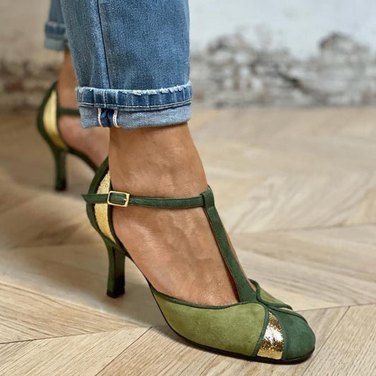Taviana | Zapatos de tacón patchwork con tira en T y punta cerrada