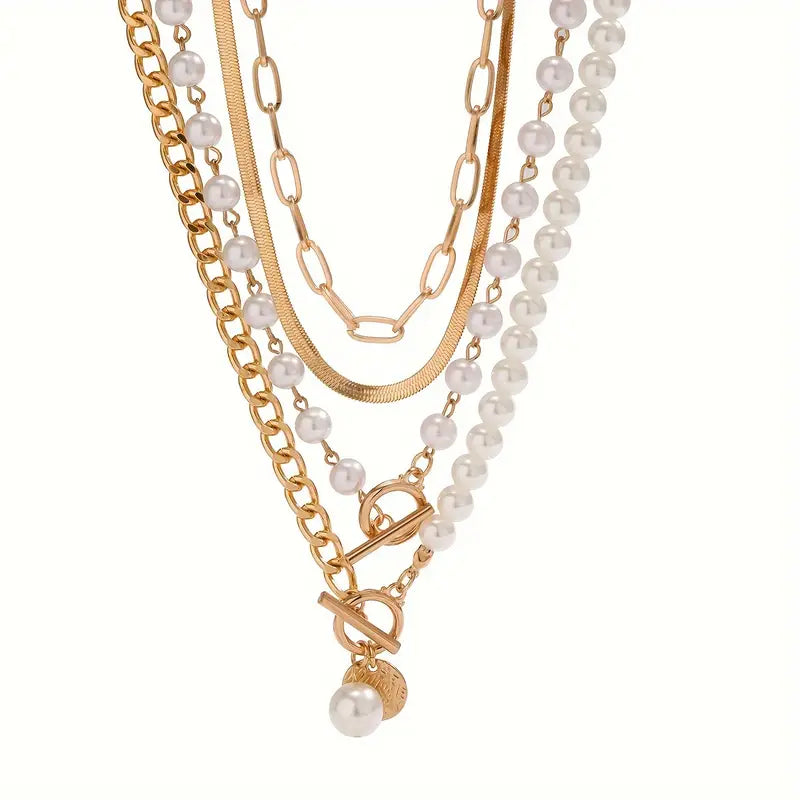 Conjunto de collar vintage con perla y cadena de eslabones de serpiente | Oro