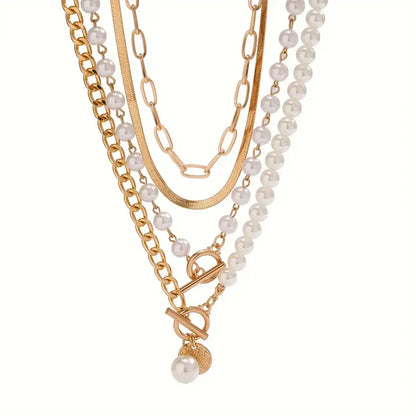 Conjunto de collar vintage con perla y cadena de eslabones de serpiente | Oro