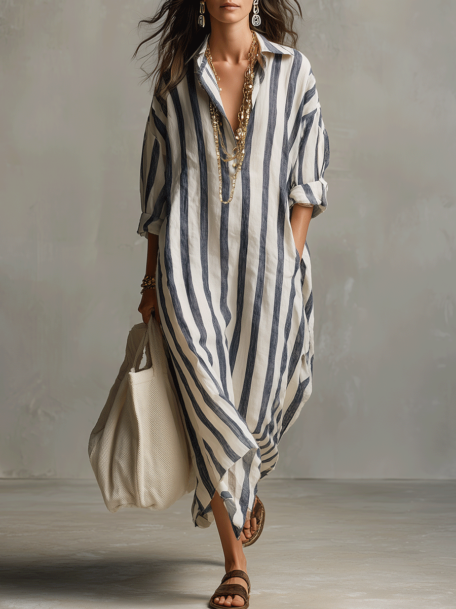 Vestido Maxi Estilo Bohemio con Rayas Casual