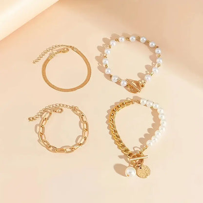Juego de 4 pulseras Chic Gold – Serpiente, perlas y eslabones | Oro