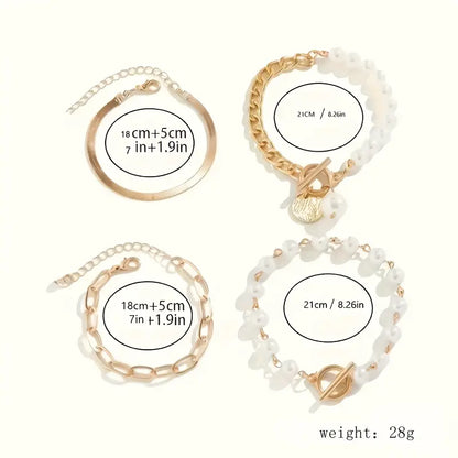 Juego de 4 pulseras Chic Gold – Serpiente, perlas y eslabones | Oro