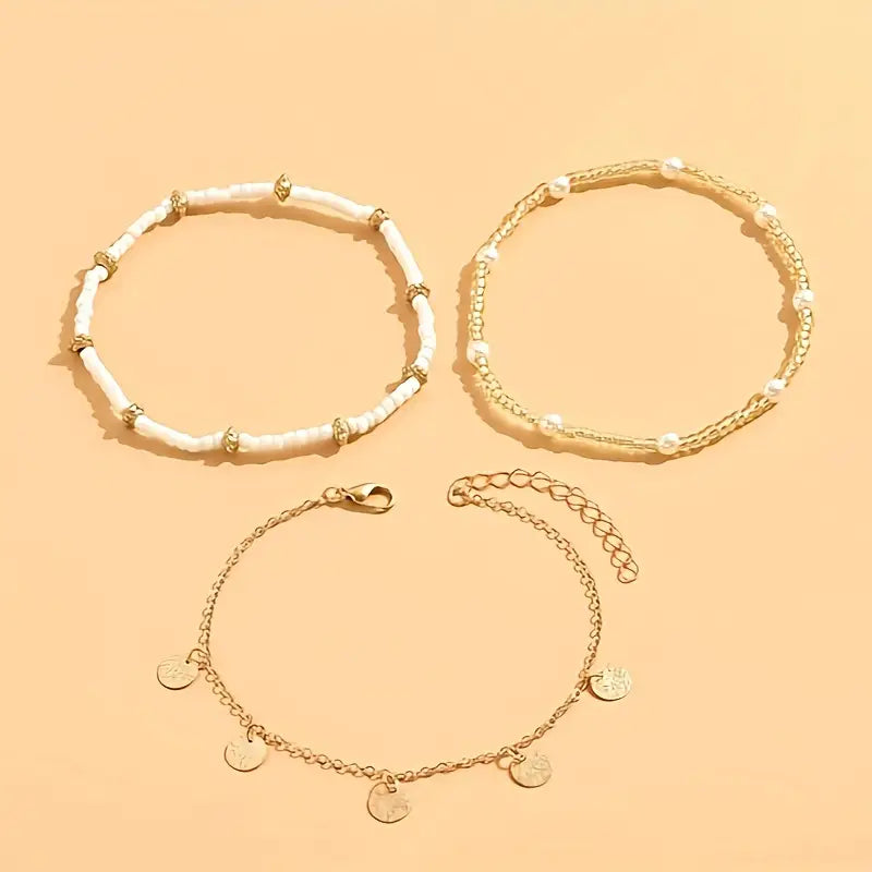 Juego de 3 tobilleras en capas Coastal Charm | Oro