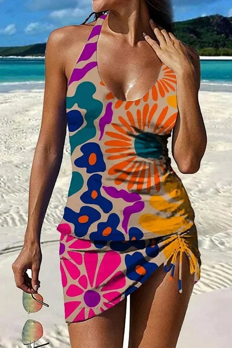 Fiesta – Tankini gráfico floral con short, efecto vientre plano