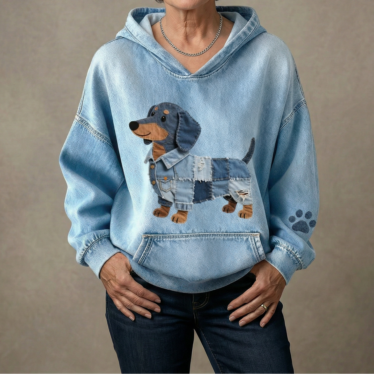 Brooklyn - Sudadera de mezclilla con parche de dachshund