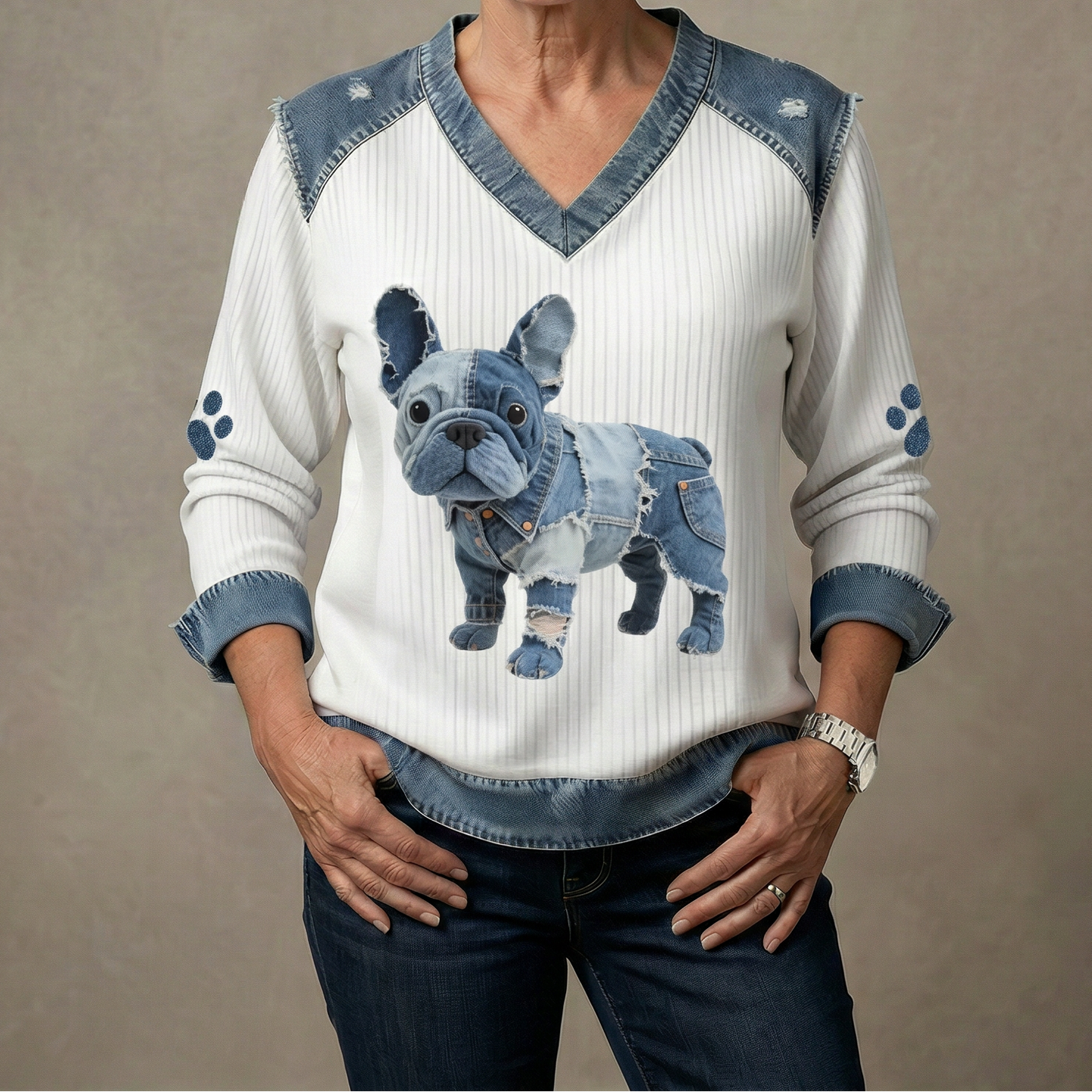 Abril - Top de Denim Artístico con Parche de Bulldog Francés y Escote en V