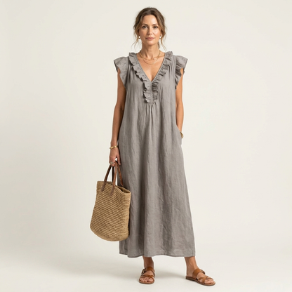 Josette | Vestido Maxi de Lino con Volantes y Escote en V