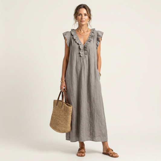 Josette | Vestido Maxi de Lino con Volantes y Escote en V