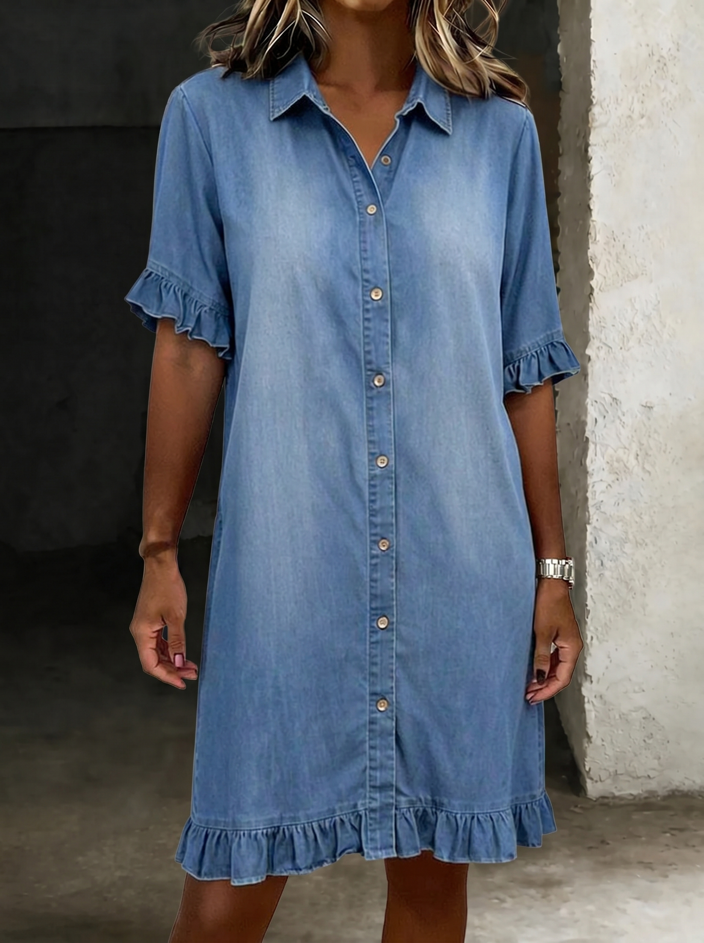 María | Vestido de Denim Cómodo con Pliegues Halagadores