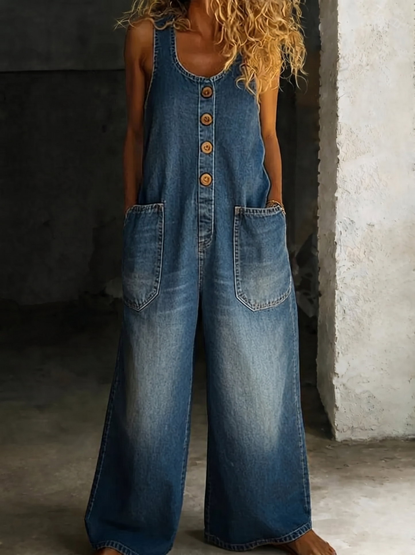 Valentina - Pantalones de tirantes de denim de algodón vintage lavado