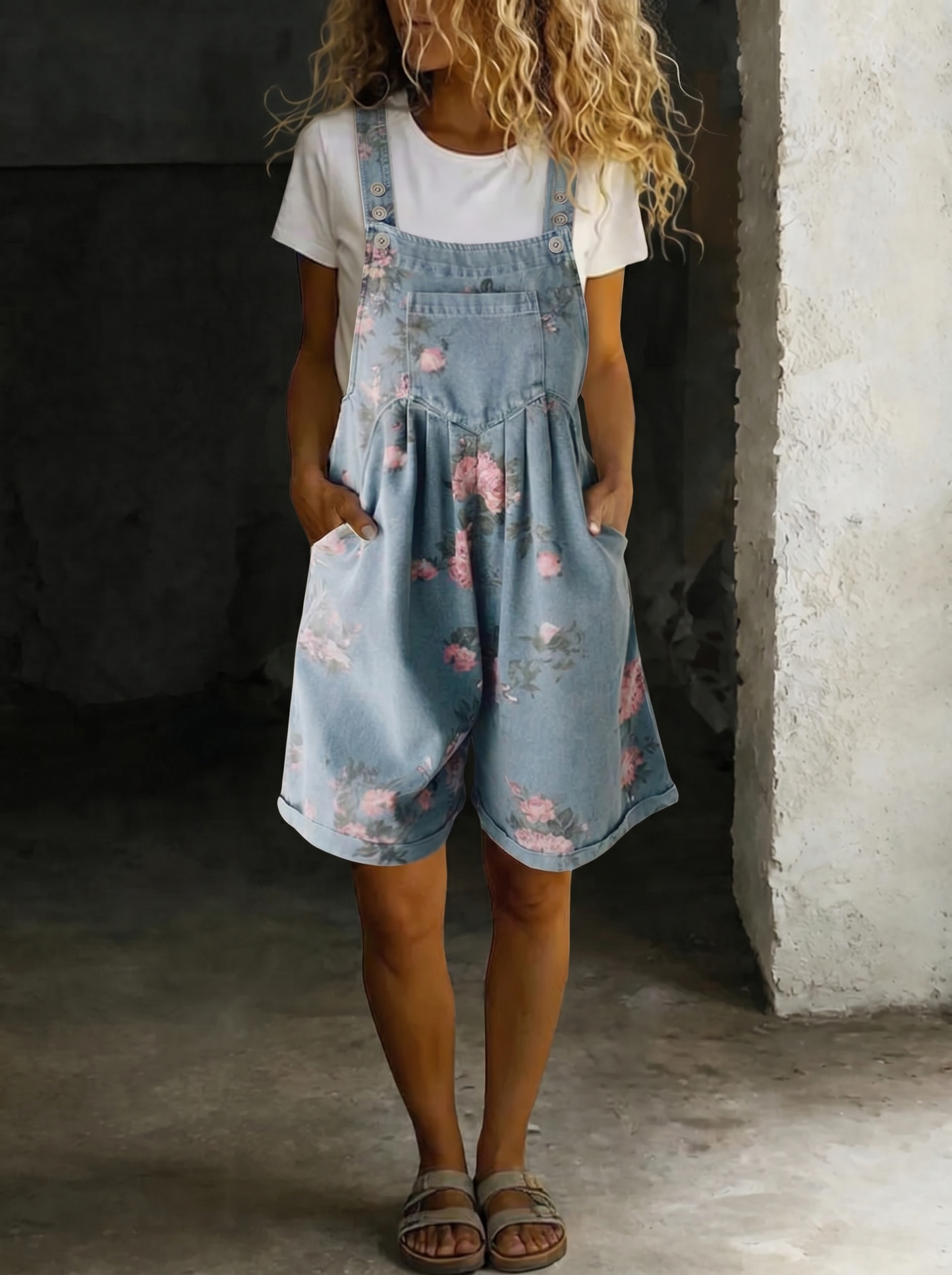 Adriana - Mono de flores de denim con suave algodón y lavado vintage