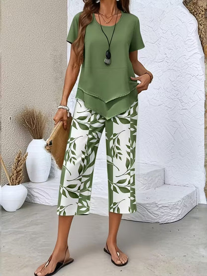 Avy™ | Conjunto de dos piezas informal con estampado de hojas