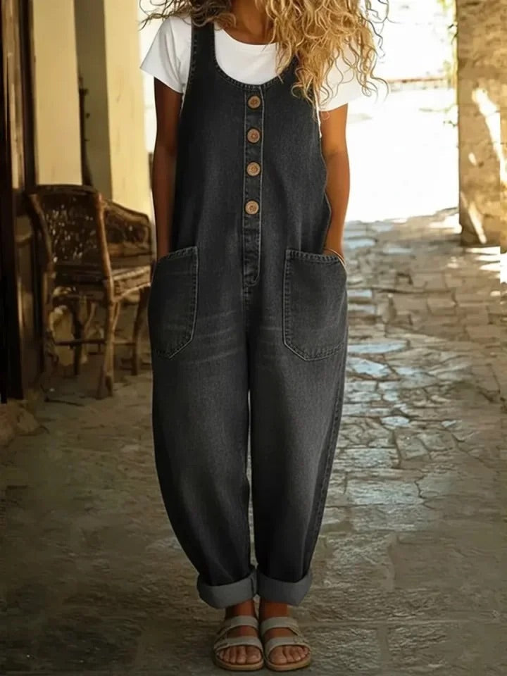 Valentina - Pantalones de tirantes de denim de algodón vintage lavado