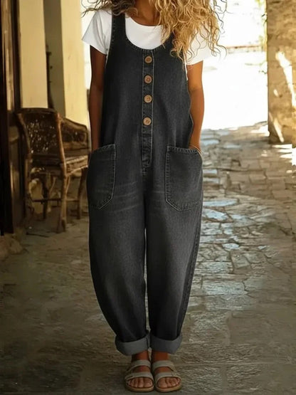 Valentina - Pantalones de tirantes de denim de algodón vintage lavado