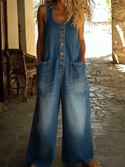 Valentina - Pantalones de tirantes de denim de algodón vintage lavado