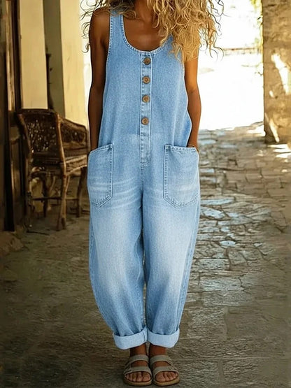 Valentina - Pantalones de tirantes de denim de algodón vintage lavado