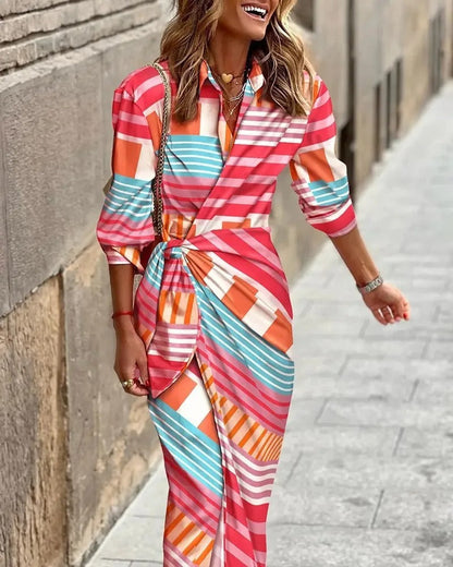 Zella - Fashion V-Neck Striped Lace-Up Midi Dress